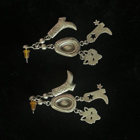 Vintage Sterling Silver 925 Western Cowgirl Dangle Pierced Cluster Earrings - Picture 5 of 5